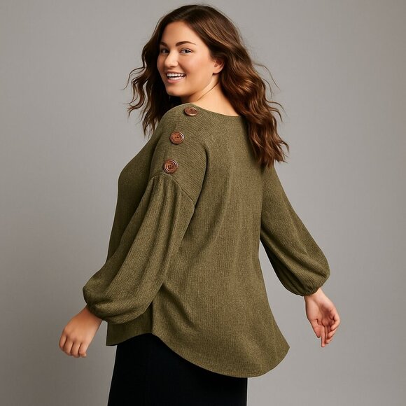 Liberty Love 2XL Green Knit Tunic Sweater Button Shoulder Balloon Sleeve Boho - Picture 1 of 8